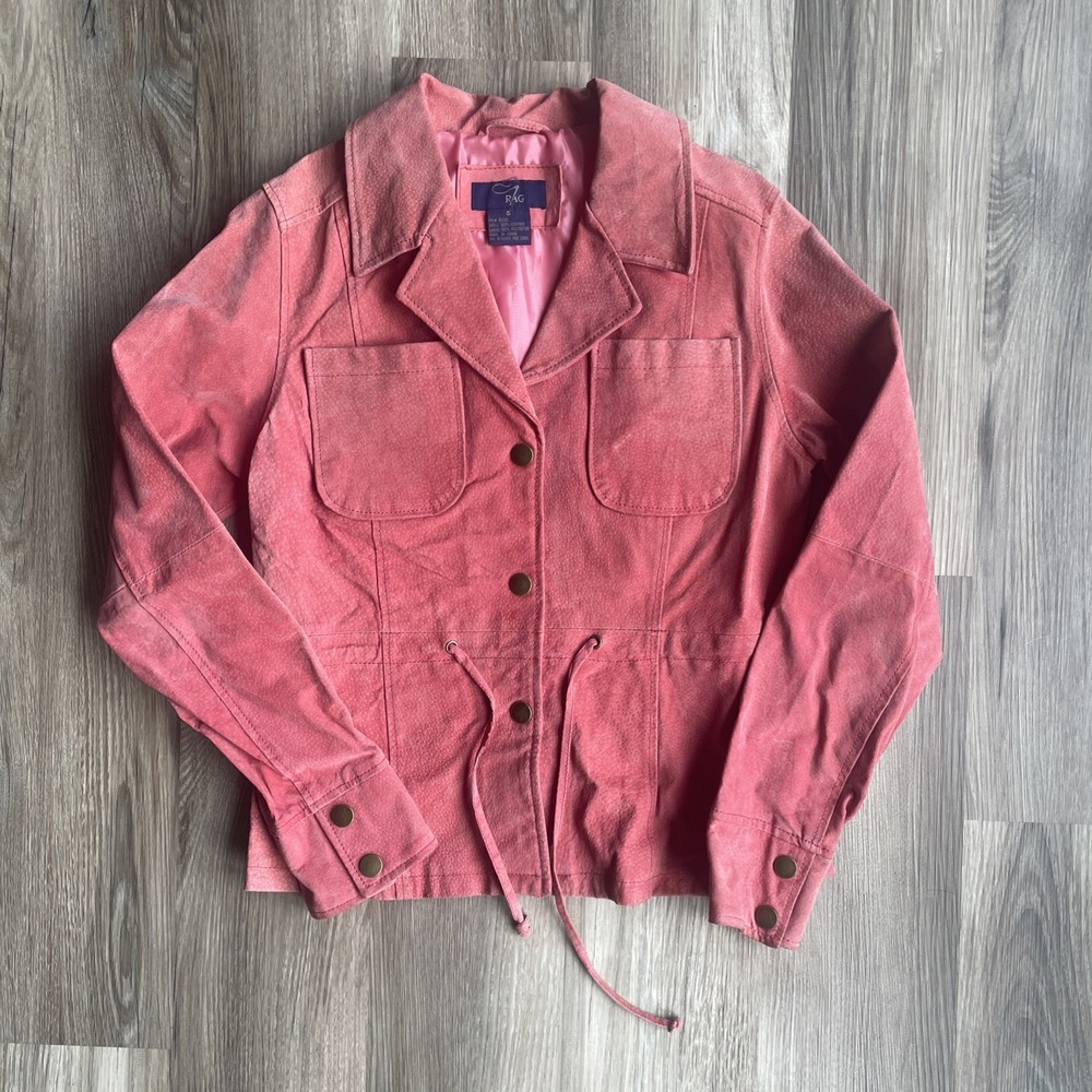 Tag Rag Pink Suede Leather Jacket Womens Small Vintage Utility Safari Drawstring